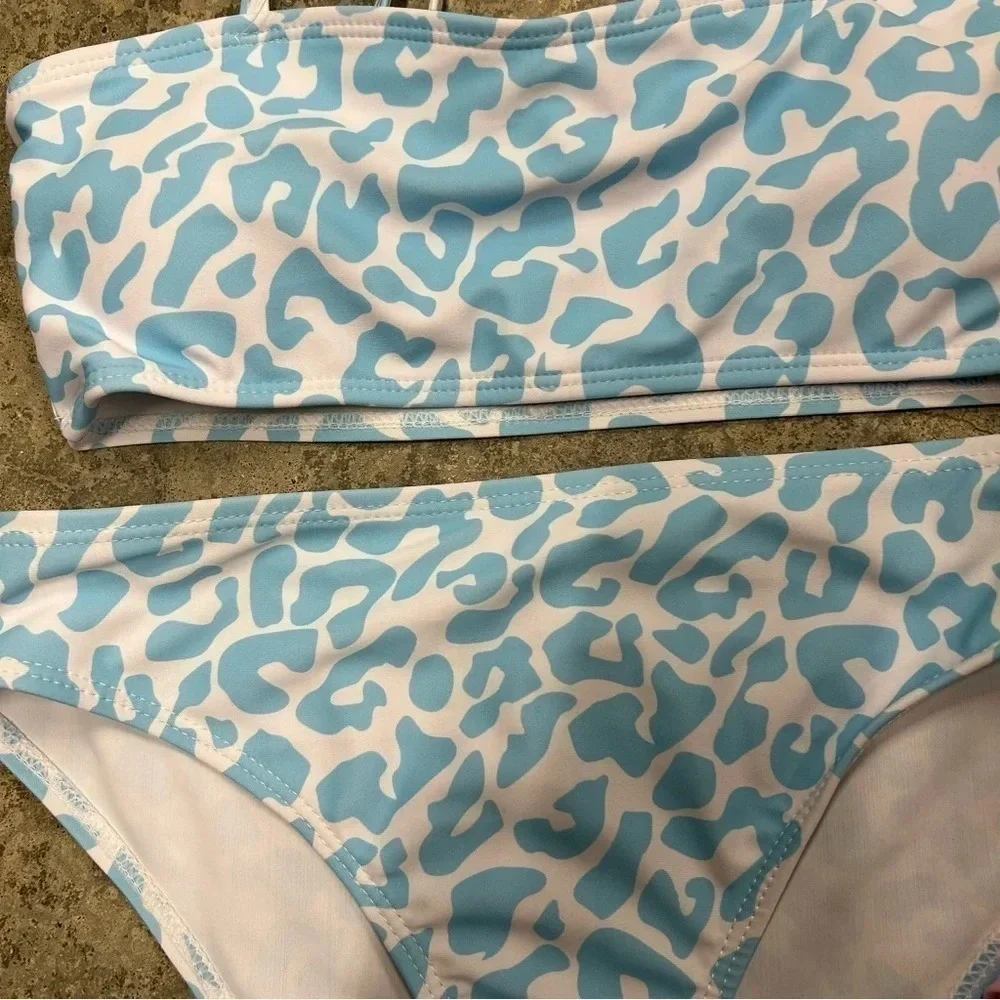 (LOT OF 2)‎ SHEIN Tween Girl Bikini Swimwear Sz 12-13Y Blue Leopard Pink Chevron